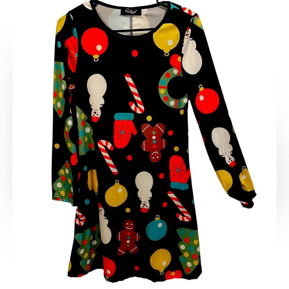 Ruiyize Christmas Novelty Santa Holiday Festive Present Long Sleeve Mini Dress